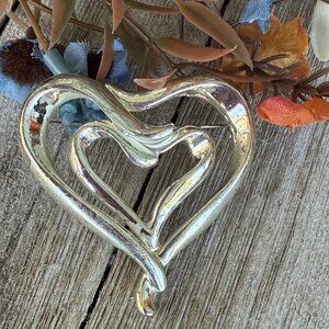 Vintage Silver Tone Double Heart Brooch Pin 80s 90s Style 2"